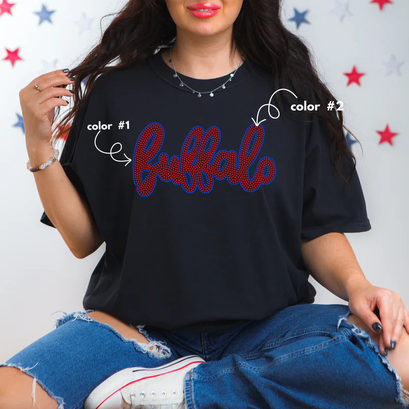 Buffalo Cursive with Outline Spangle Design